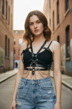 Black Women's Leather Body Belt with Chain Detail - SH9 - Image 2