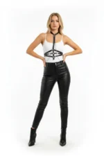Black Women's Leather Body Belt with Chain Detail - SH13