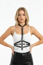 Black Women's Leather Body Belt with Chain Detail - SH13 - Image 2
