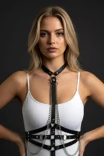 Black Women's Leather Body Belt with Chain Detail - SH13 - Image 3