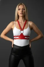 Red Women's Belt Faux Leather Body Accessory with O-Ring Detail - SH20