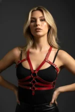 Red Women's Leather Body Harness with Buckle - SH32