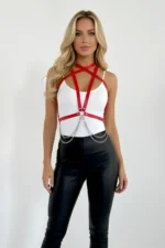 Red Women's Belt Faux Leather Chest Accessory with Chain Detail - SH52 - Image 2