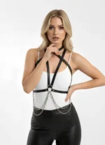 Black Women's Leather Body Accessory with Belt and Chain Detail - SH52