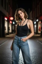 Black Women's Belt with Metal Eyelets and Thin Strap - SH101