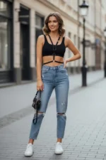 Black Women's Belt with Metal Eyelets and Thin Strap - SH101 - Image 3