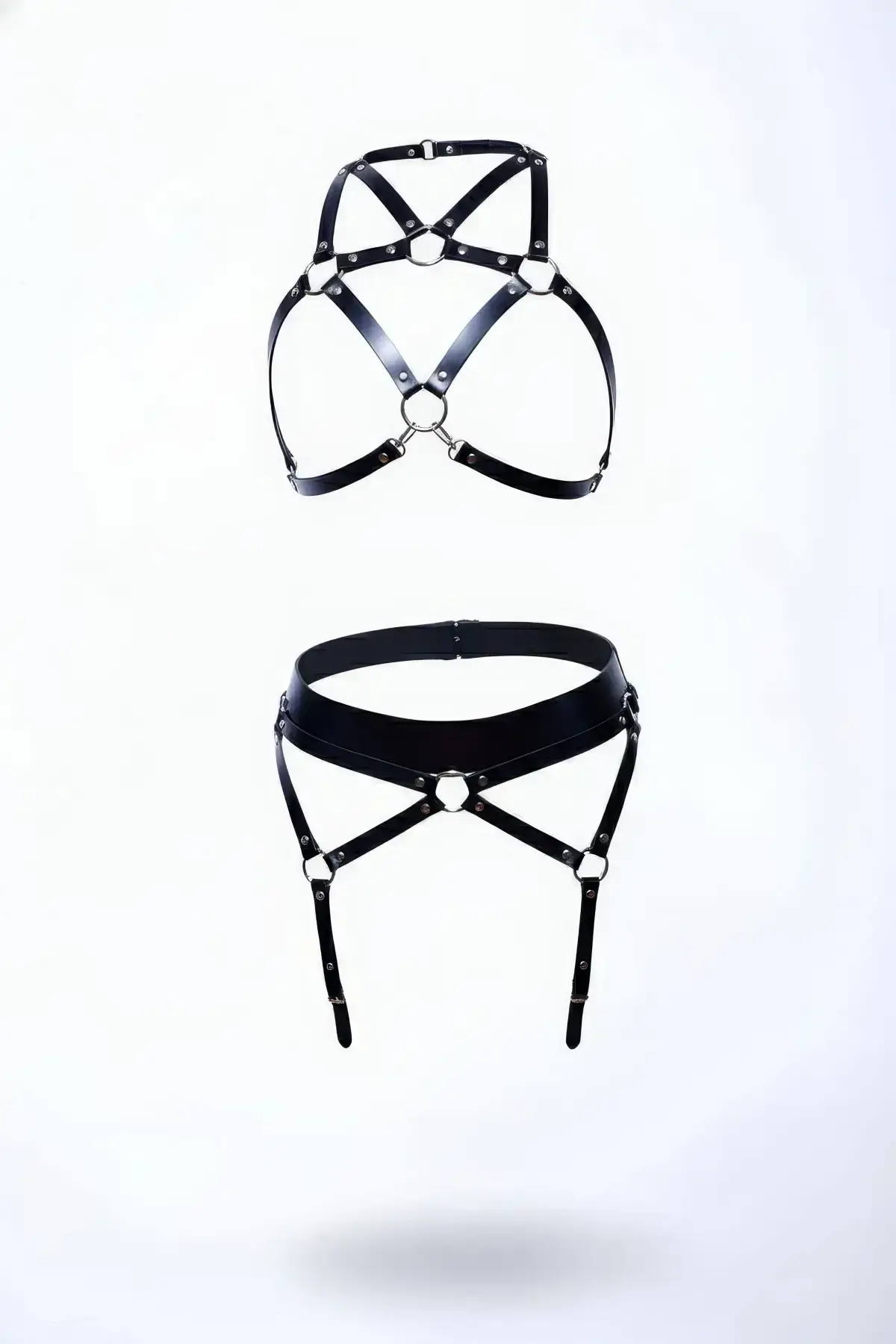 Black Harness Set Leather Body Belt with Metal Ring Detail - SH152
