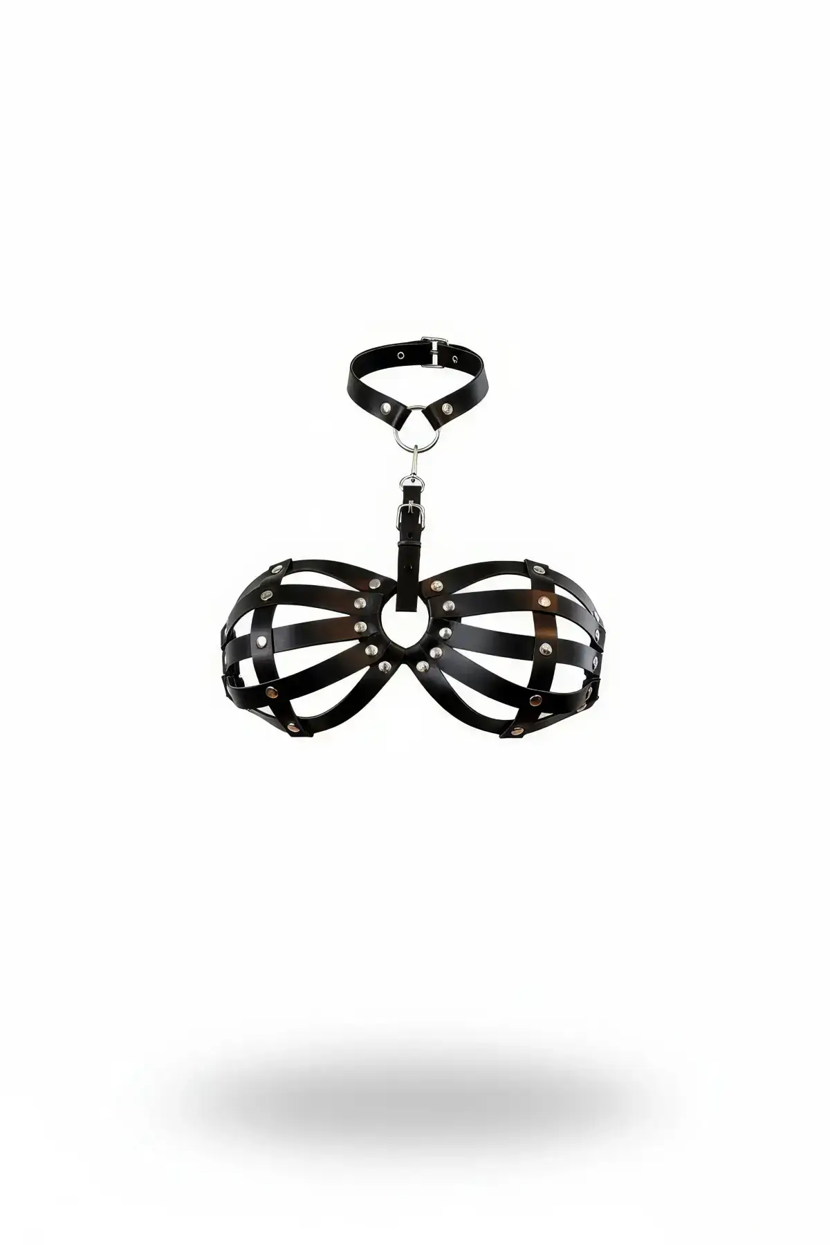 Black Chest Harness with Cage Detail and Studded Neck Collar - SH224