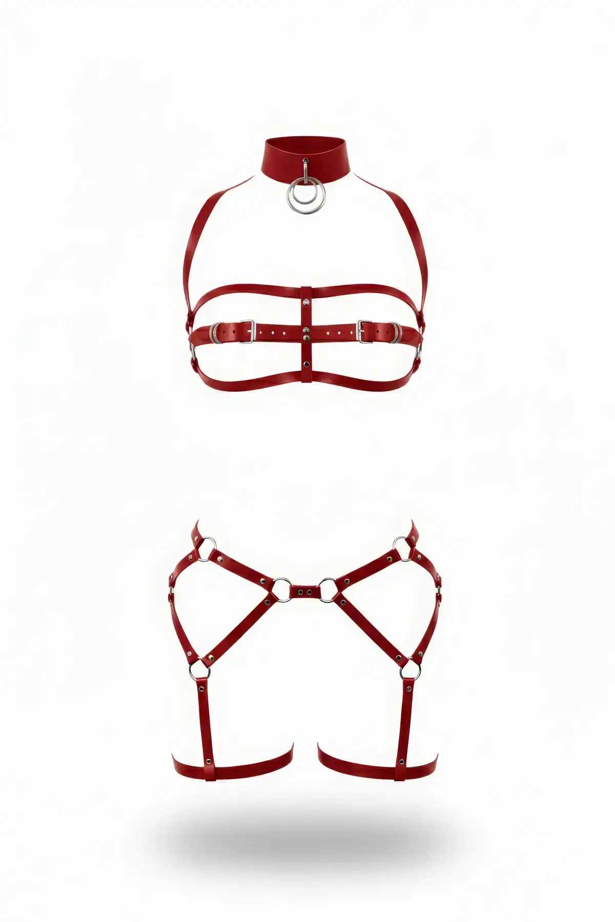 Red Harness Set with High Collar, Buckle, and Metal Ring Detail - SH242