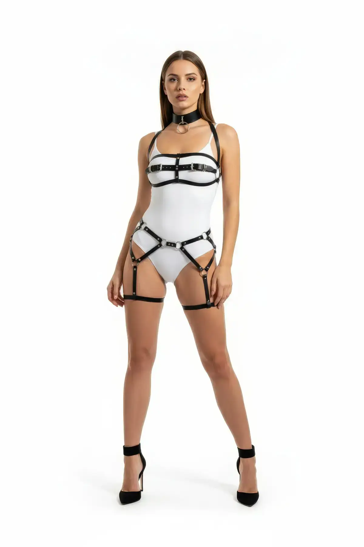 Black Harness Set with O-Ring Detail, Leather Body Accessory - SH242