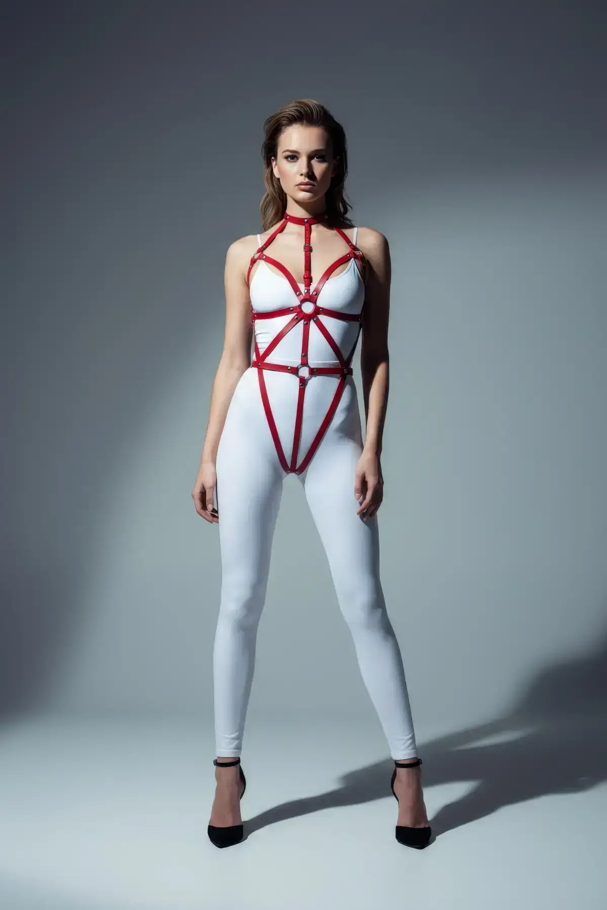 Kırmızı Deri Halka Detaylı Çok Bantlı Vücut Harness SH243