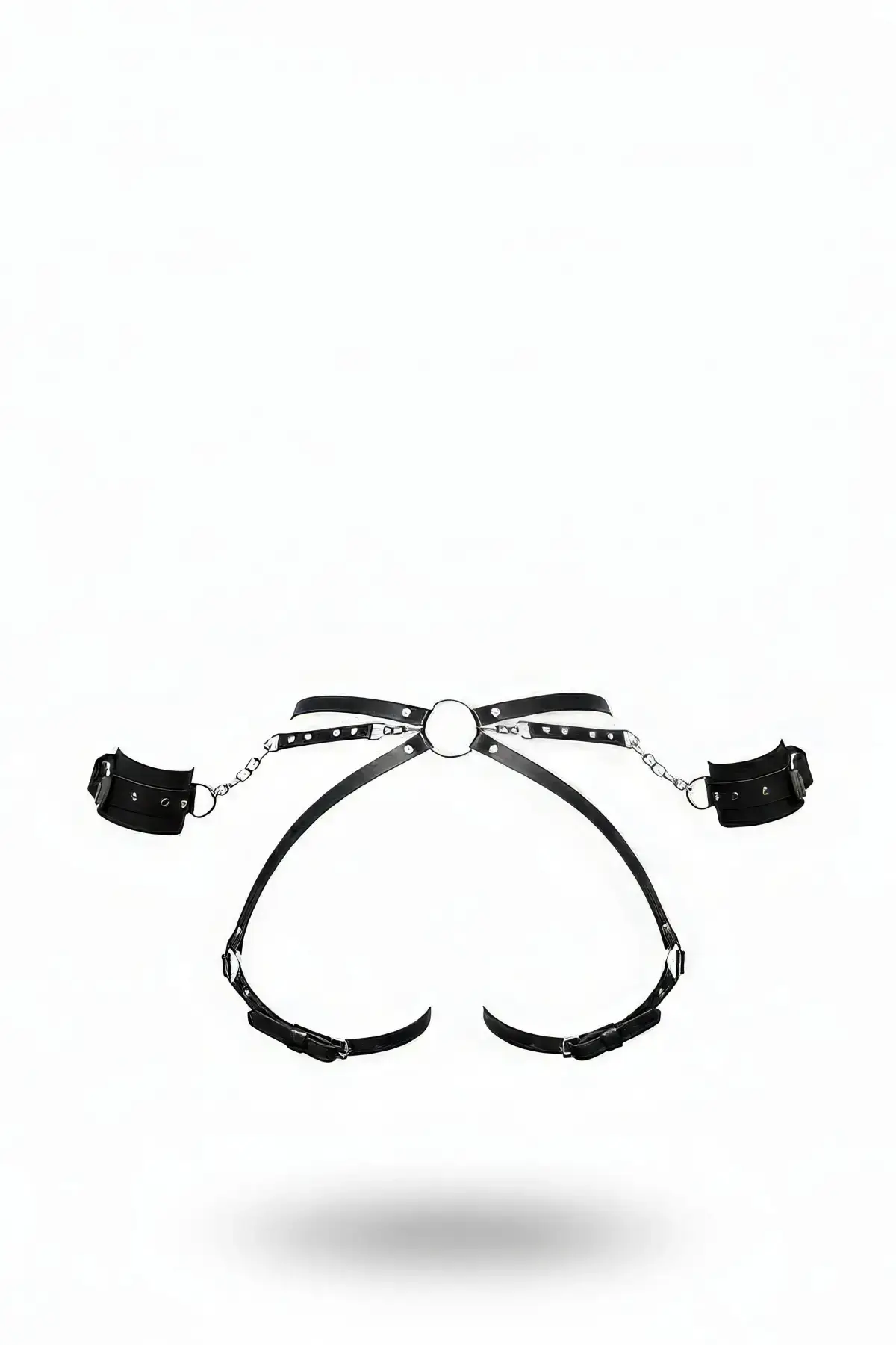 Black Harness Set with Chain Detail and Bracelet Attachment, Leather - SH270