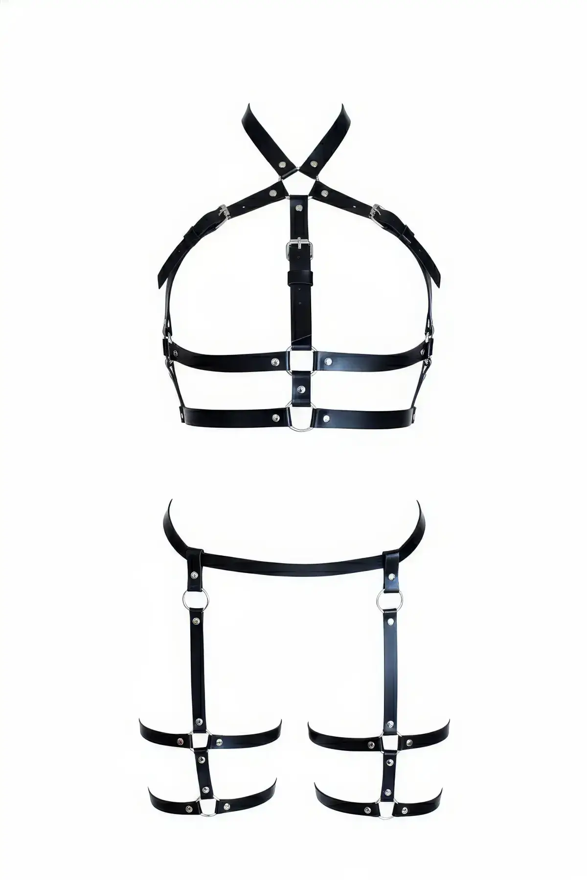 Black Women's Harness Set Leather Multi-Strap Buckle Bodysuit - SH272
