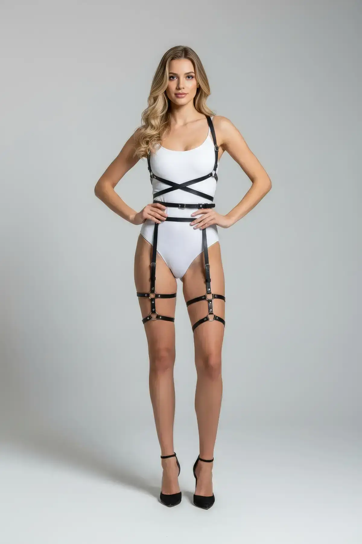 Black Harness Set Faux Leather Adjustable Bodysuit - SH274