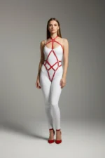 Kırmızı Parlak Deri Zımbalı Çapraz Bantlı Body Harness Vücut Aksesuarı SH295 - Image 2