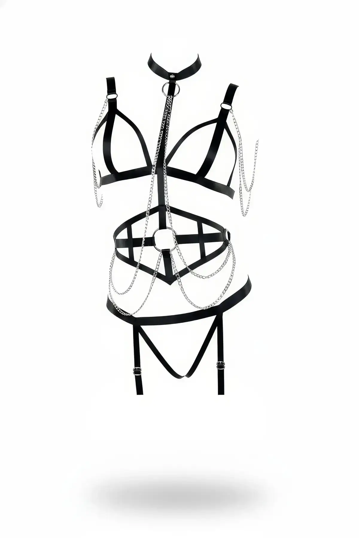 Black Harness Set with Chain Detail, Choker Neckline and Garter Belt - SH299