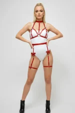 Red Garter Harness with Metal Rings and Stud Details - SH310