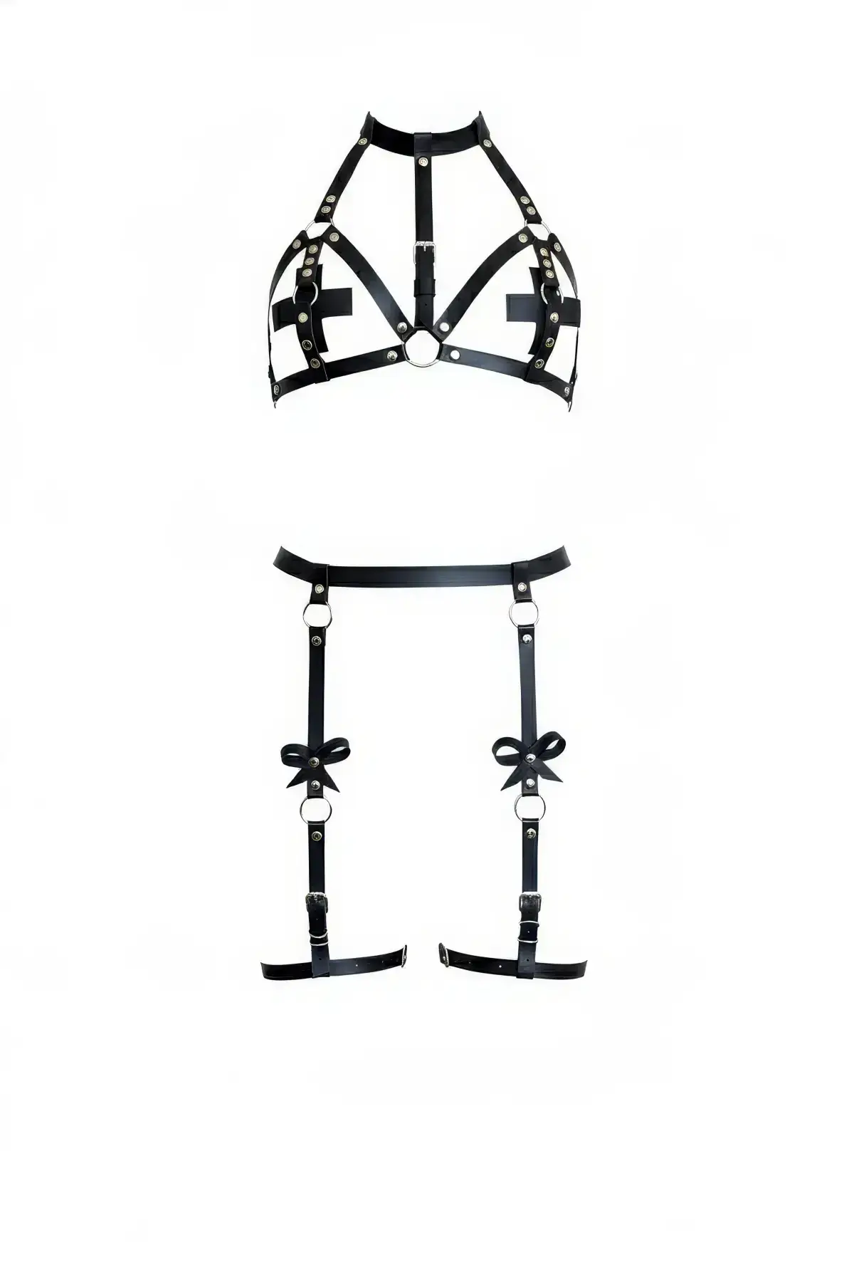 Black Garter Harness Set with Leather Neck and Bow Detail - SH310