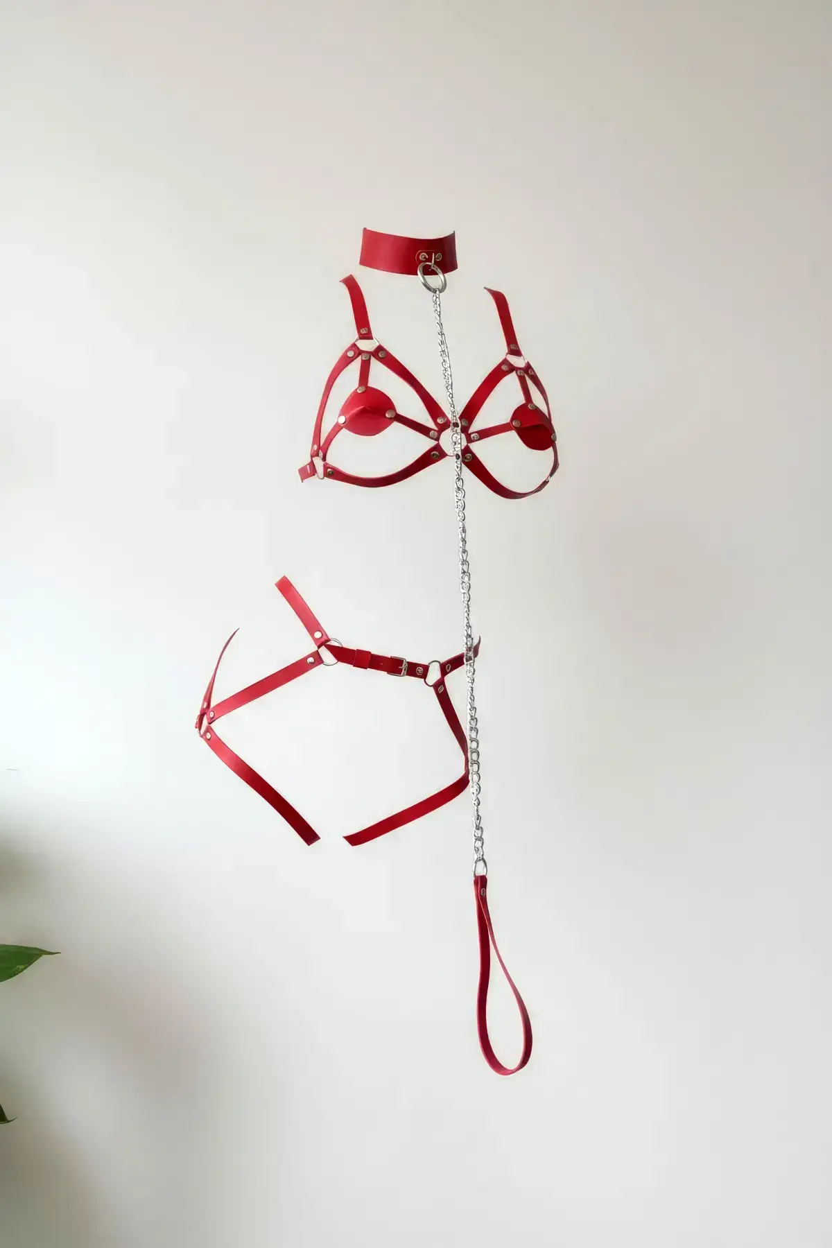 Red Garter Harness Leather Chain Detail Bodysuit - SH311