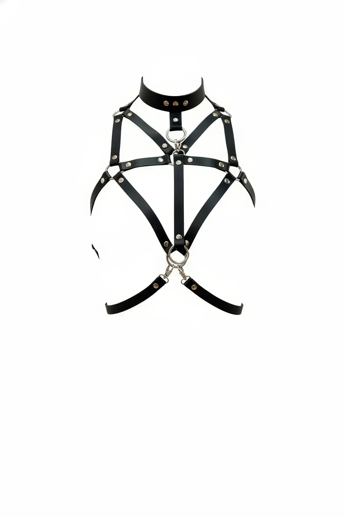 Black Leather Chest Harness High Collar with Cage Detail - SH314