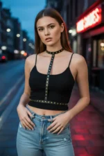 Black Women's Belt with Studded Leather Collar - SH343 - Image 2