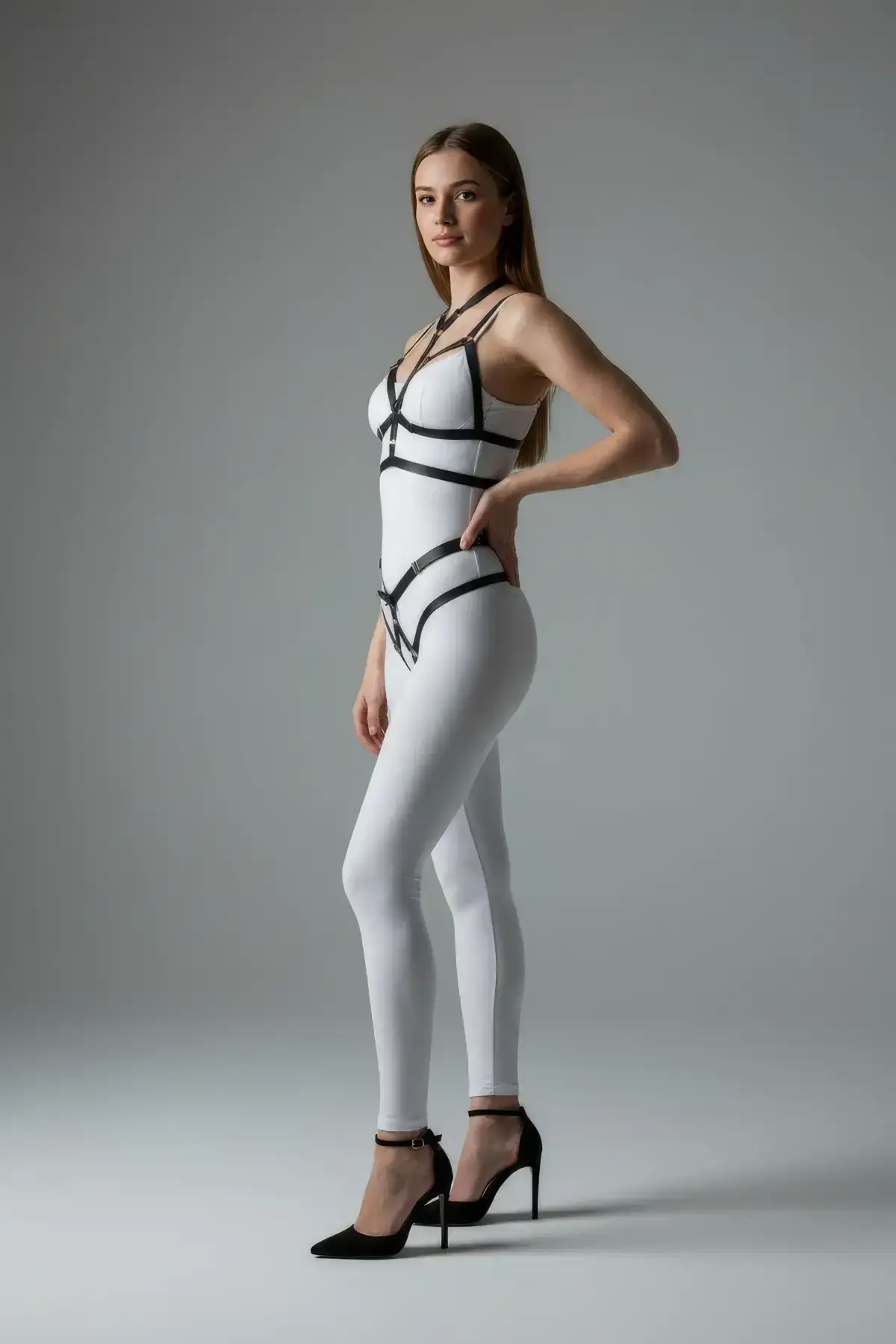 Black Harness Set with Black Leather Band Detail Body Accessory - SH362