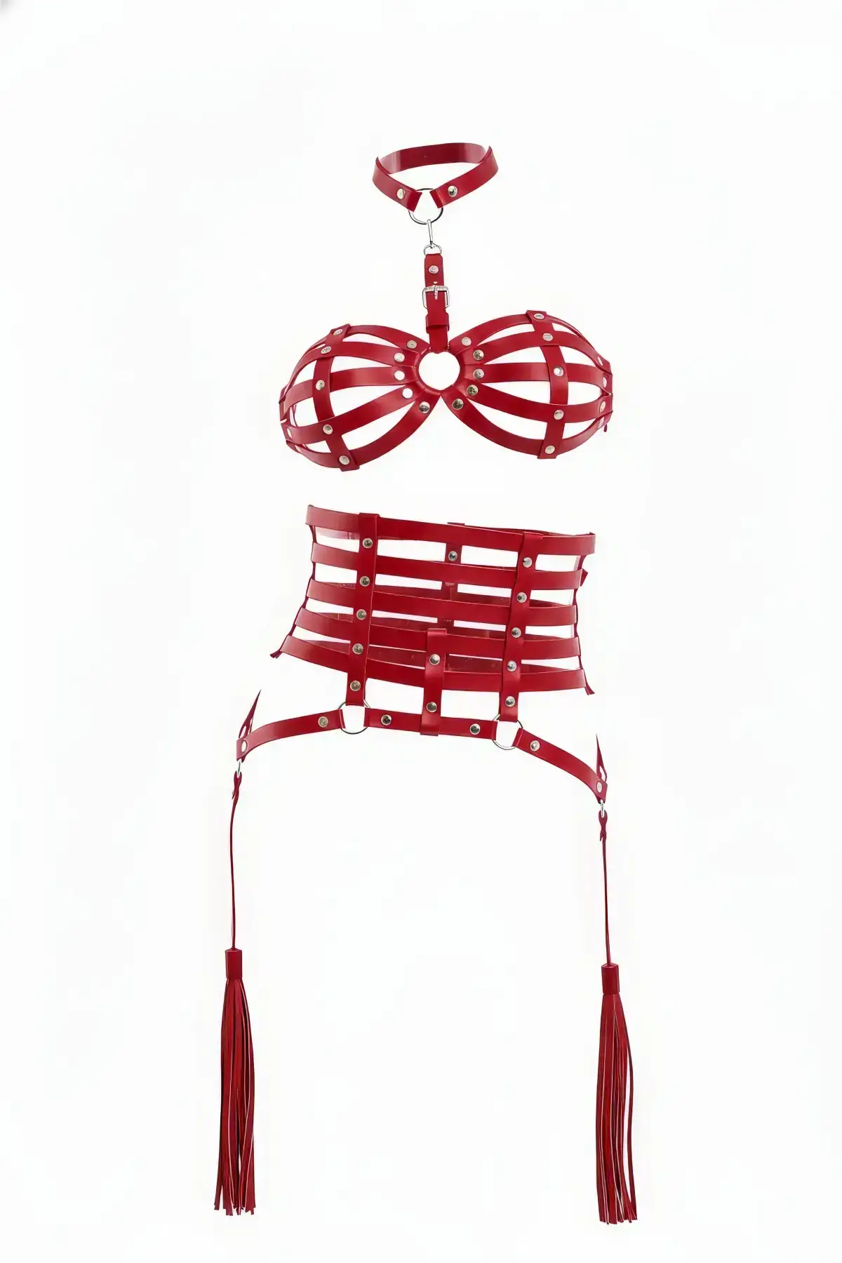 Red Harness Set, Leather Cage Structure, Metal Studs - SH378