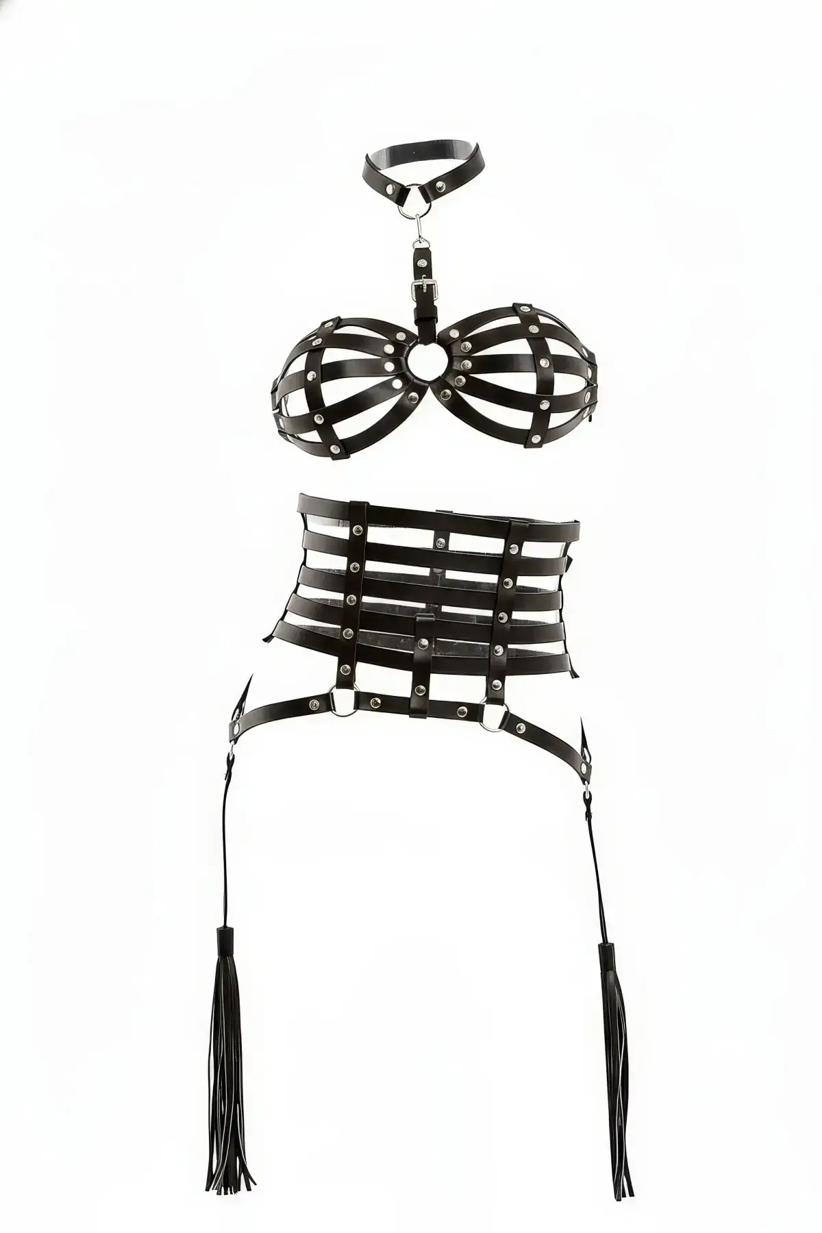 Black Harness Set Leather Cage Detail Studded Corset Set - SH378