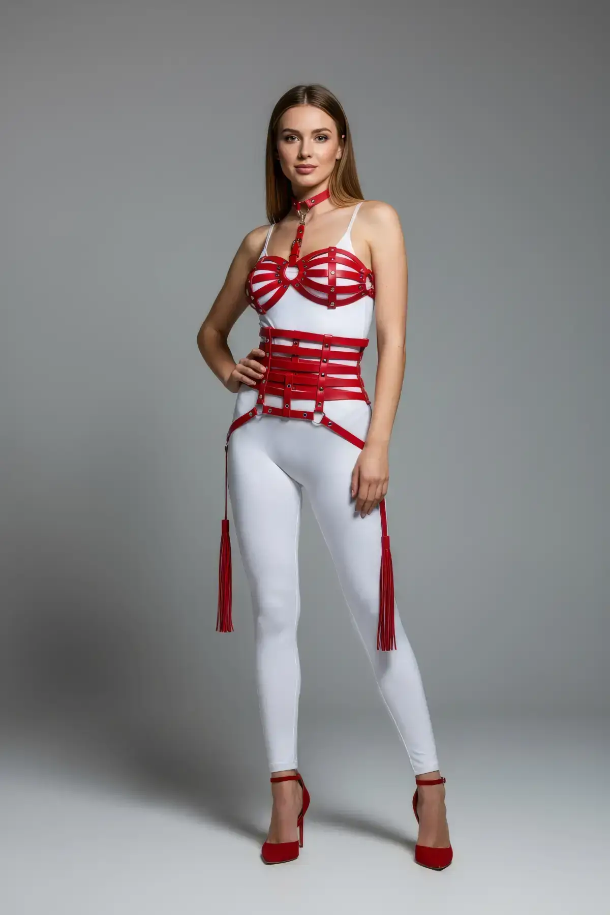 Red Harness Set with Leather Corset Detail - SH378