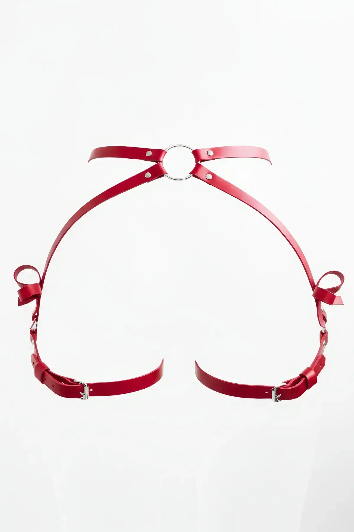 Red Thong - Faux Leather Panties with Ring Detail and Bow Embellishment - SH388