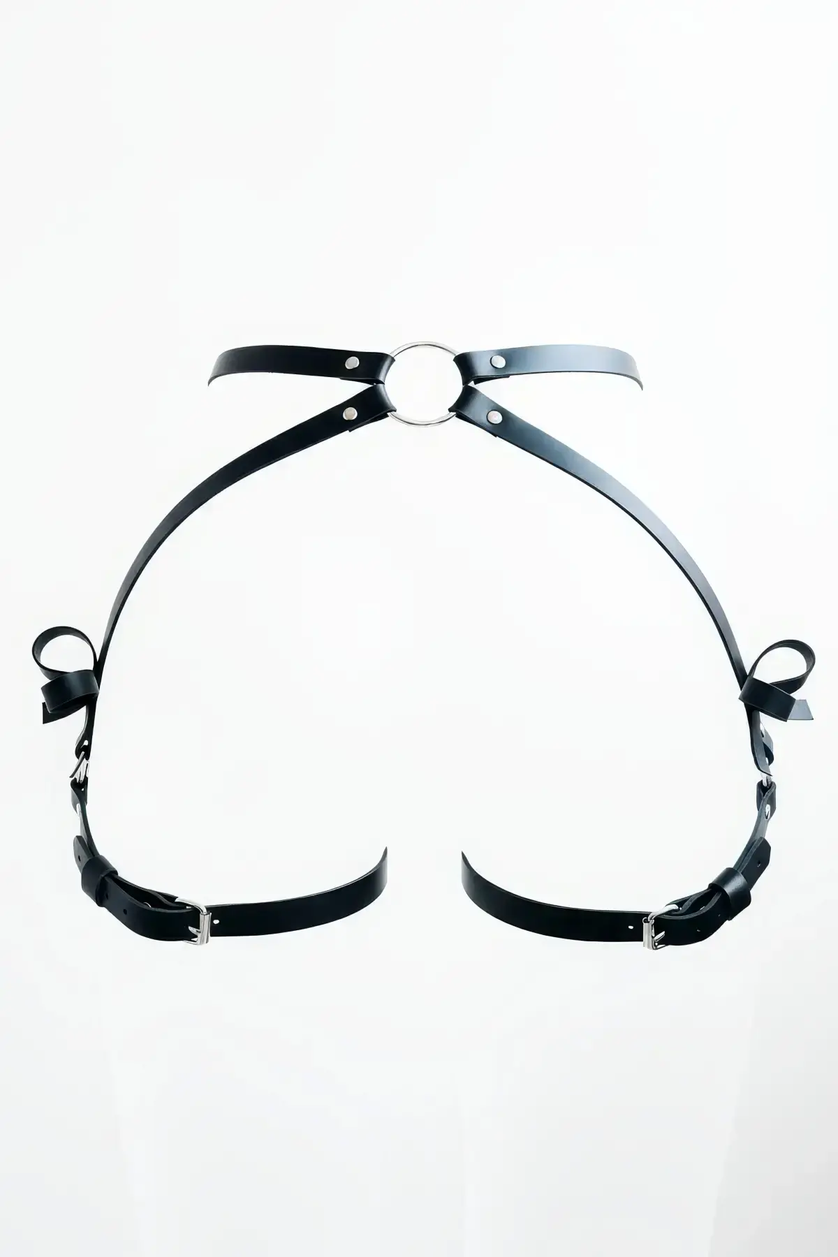 Black Thong - Panties with Leather Ring Detail and Bow Closure - SH388