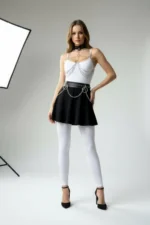 Black Women's Belt with Chain Detail and Ring Buckle, Faux Leather - SH413