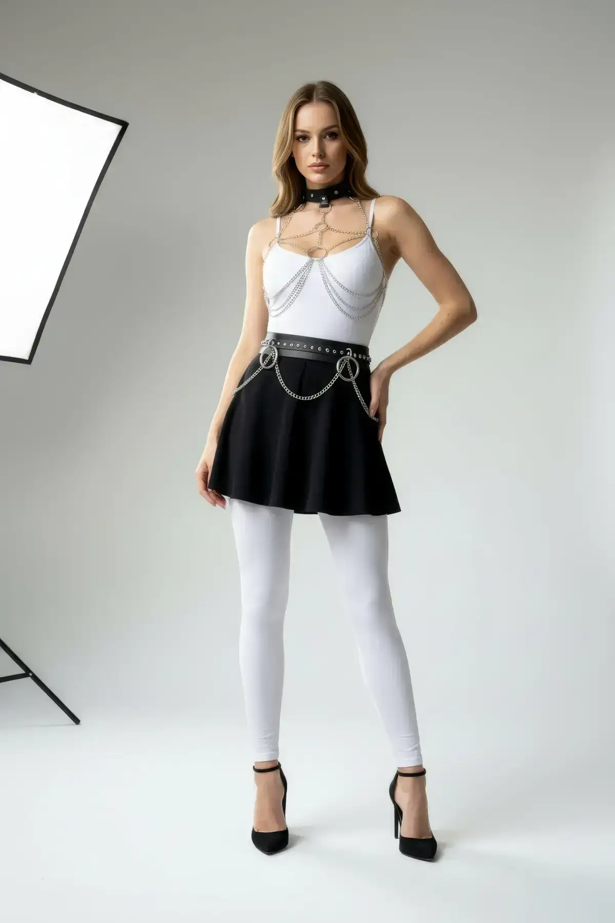 Black Women's Belt with Chain Detail and Ring Buckle, Faux Leather - SH413