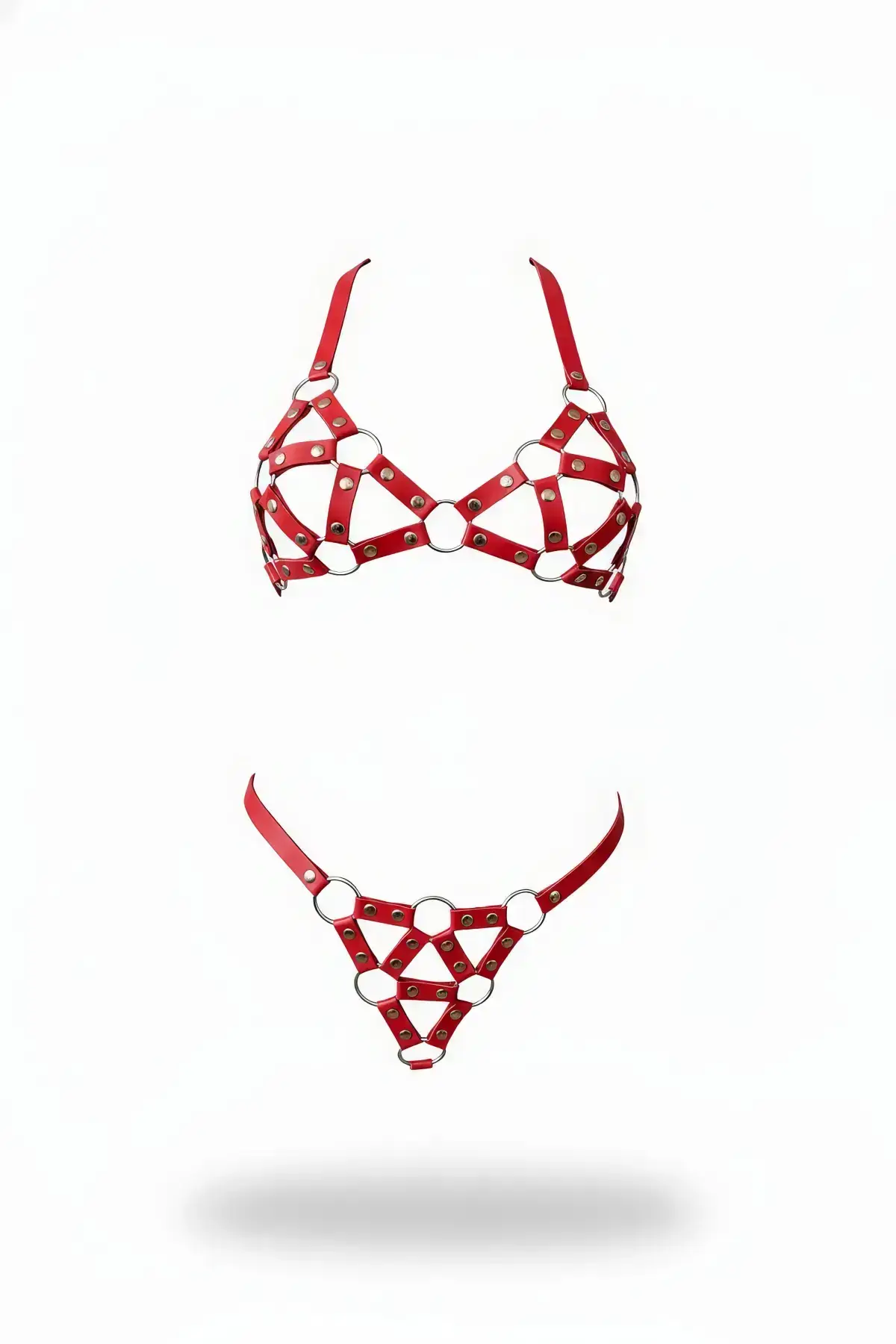 Red Harness Set with Leather Ring Detail and Studs - SH422