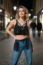 Black Women's Belt with Studs and Tassels, Festival Accessory - SH440 - Image 3