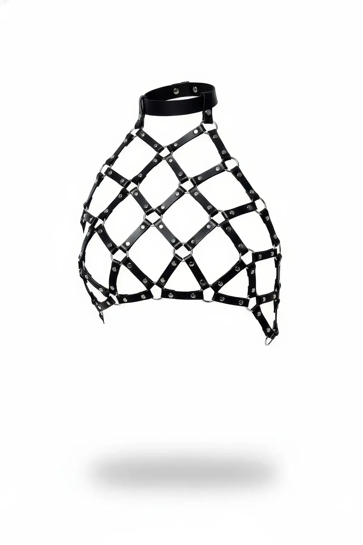 Black Chest Harness Leather Cage with Ring Detail and Neck Strap - SH443