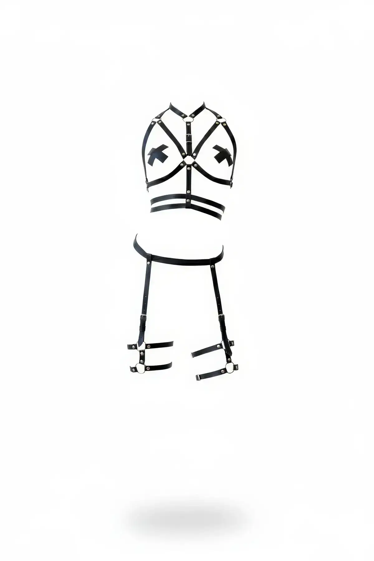 Black Harness Set with Body and Leg Details, Adjustable Leather - SH455