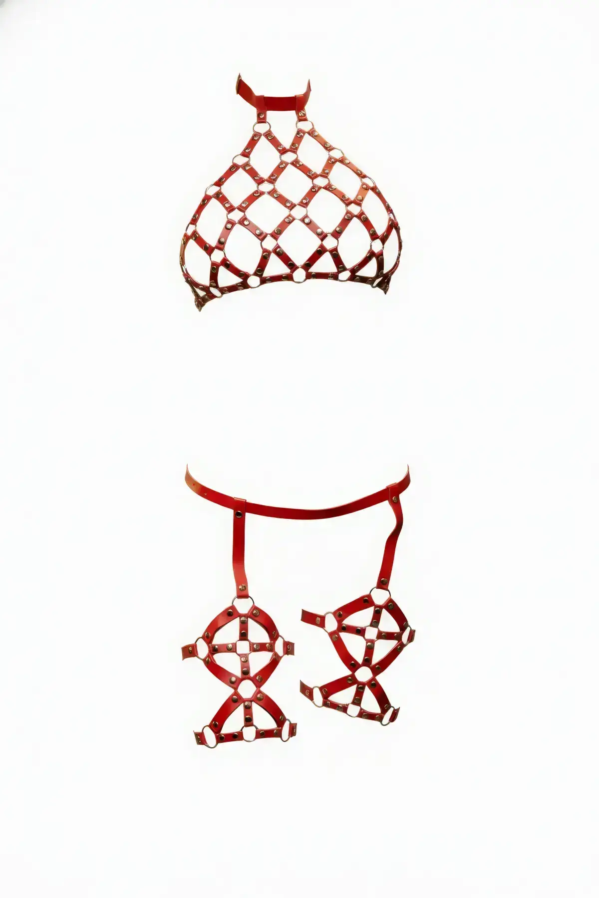 Red Harness Set with Staple Detail Mesh Body Accessory - SH460