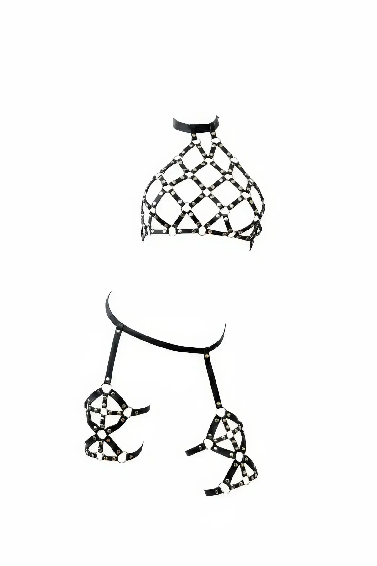 Black Harness Set with Cage and Leather Ring Details - SH460