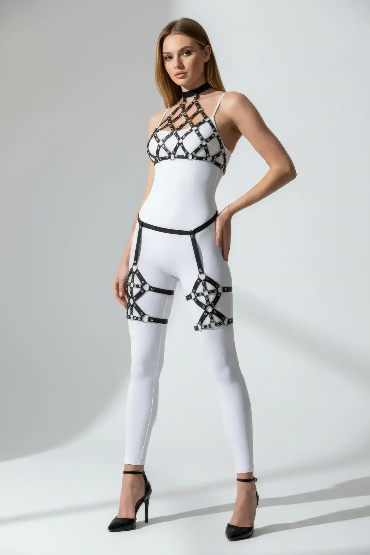 Black Harness Set with Cage Detail and Leg Accessories - SH460