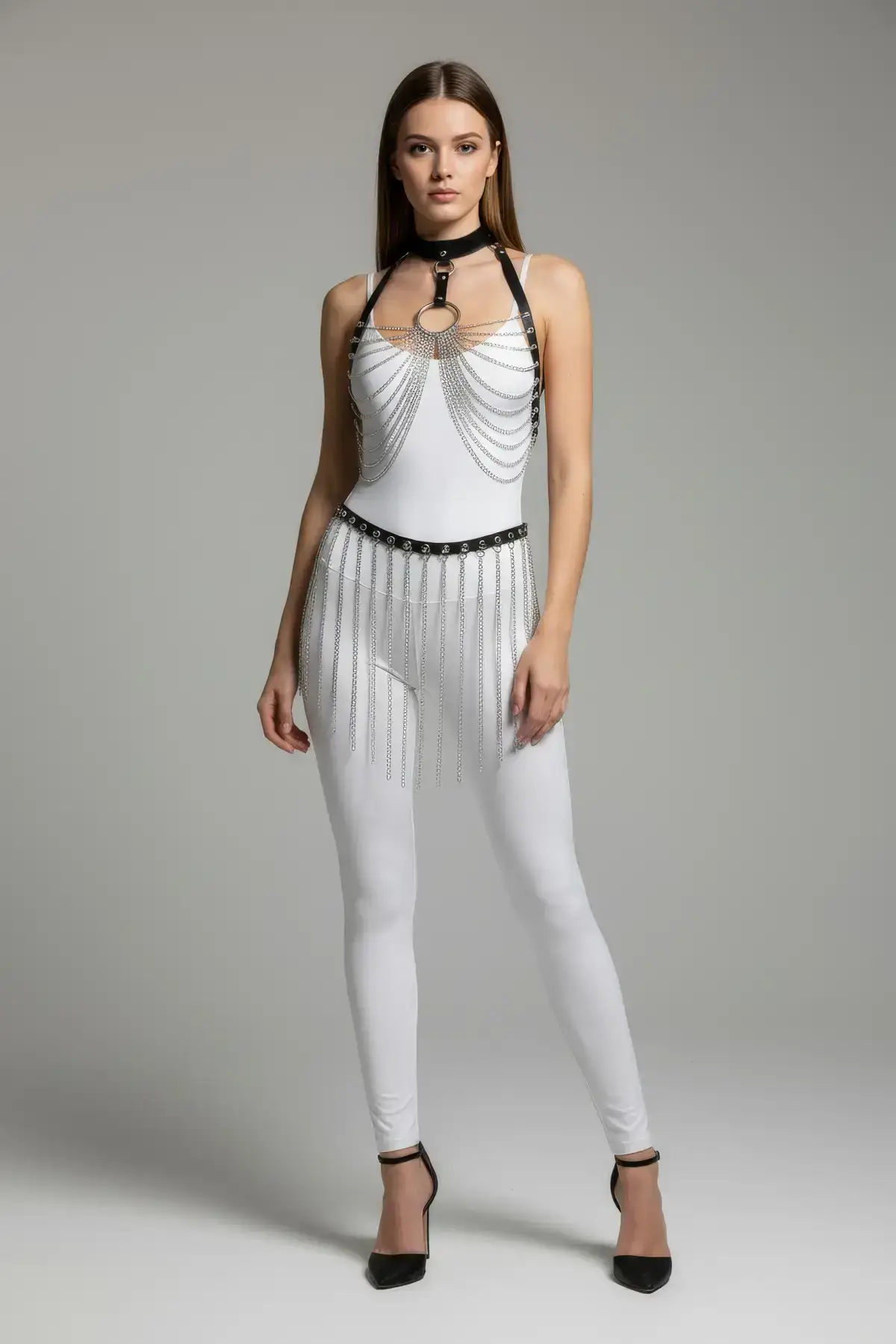 Siyah Metal Zincir Detaylı Yüksek Bel Deri Etek SH462