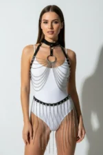 Siyah Metal Zincir Detaylı Yüksek Bel Deri Etek SH462 - Image 2