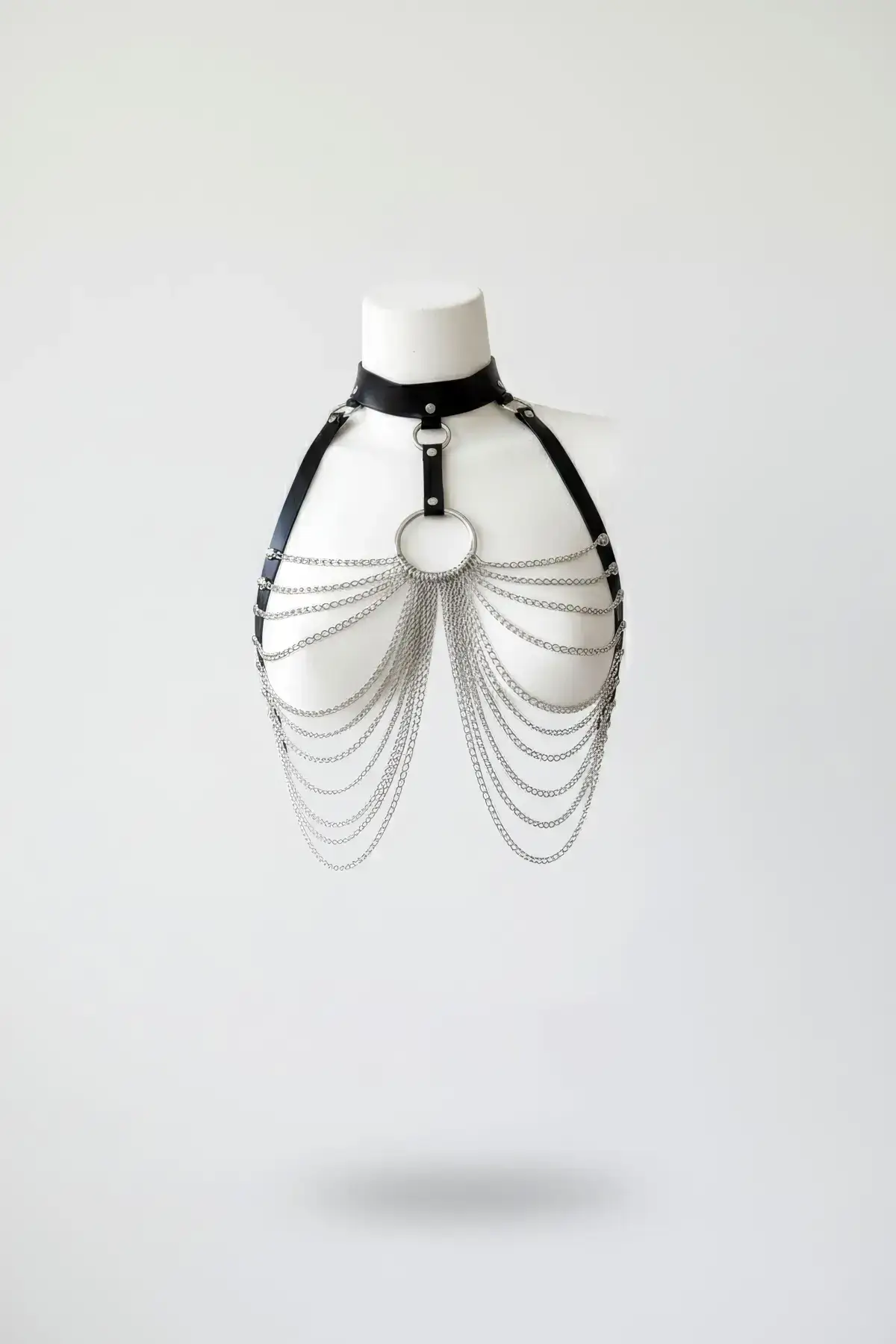 Black Women's Belt with Chain O-Ring Leather Body Link - SH463