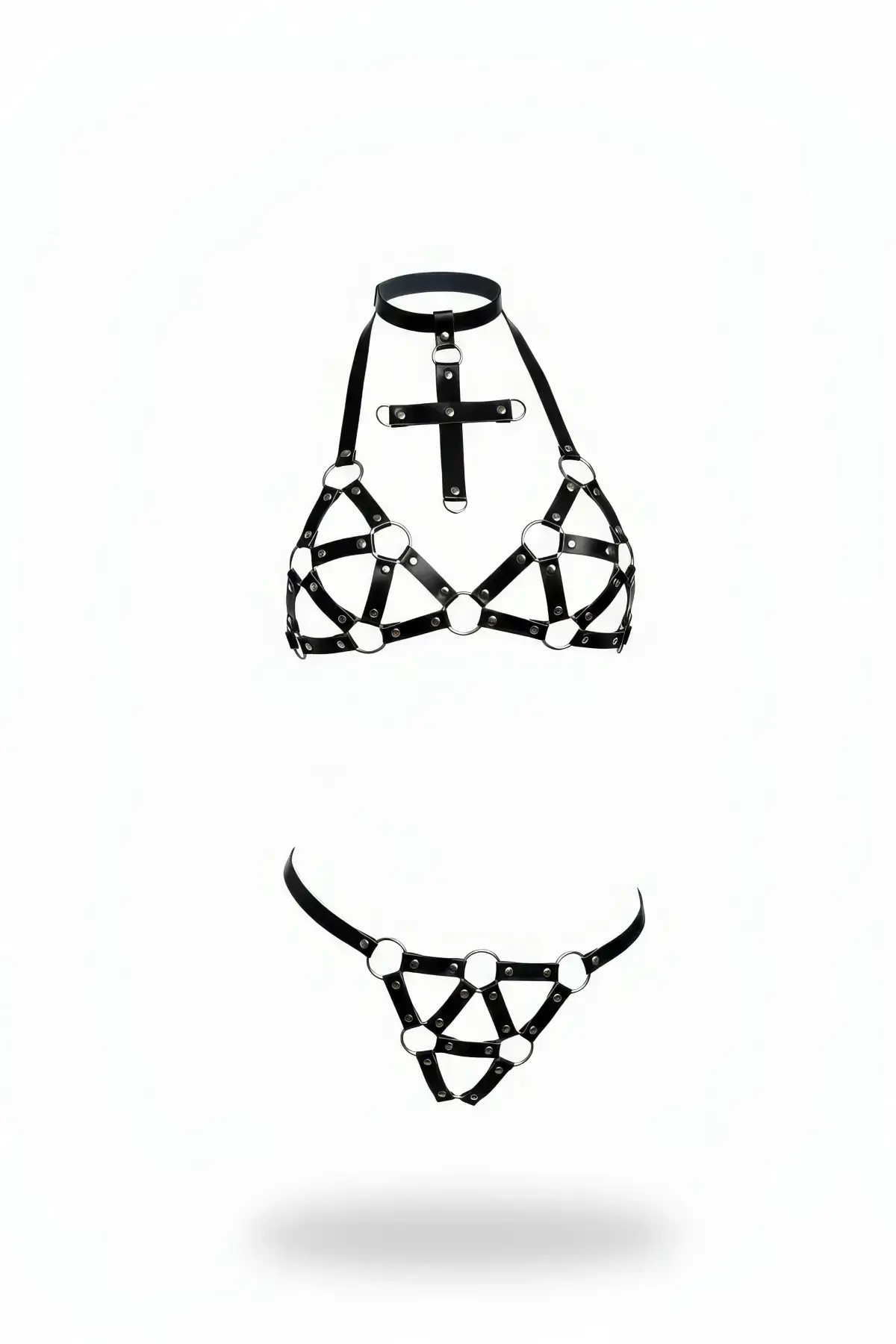 Black Harness Set with Cross Detail and Ring Closure, Leather - SH464