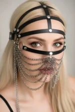 Black Mask Leather Face Accessory with Chain Detail - SH465