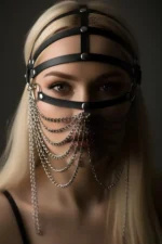 Black Mask Leather Face Accessory with Chain Detail - SH465 - Image 2