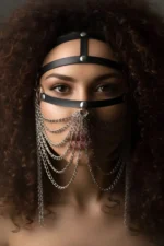 Black Mask Leather Face Accessory with Chain Detail - SH465 - Image 3