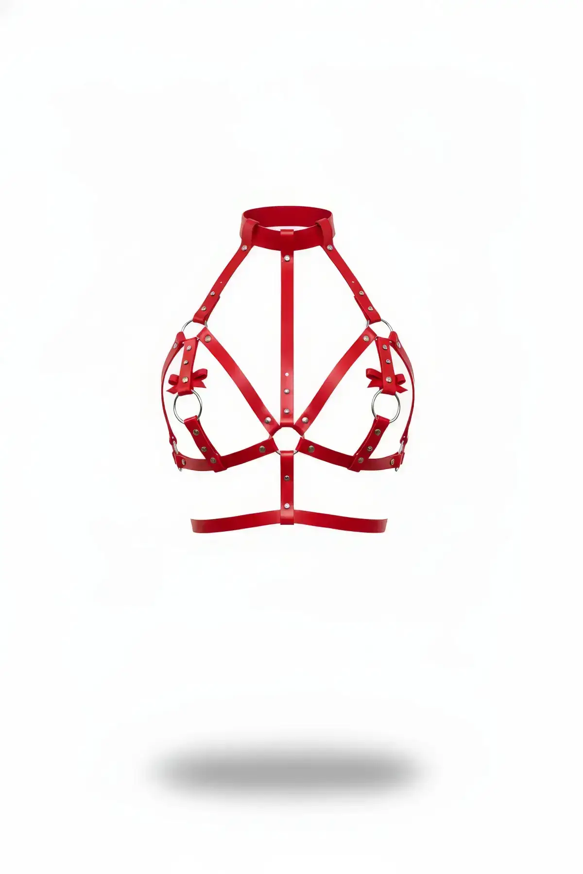 Red Leather Chest Harness High Collar with Bow - SH473