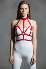Red Chest Harness with Shiny Leather Neck Detail - SH473 - Image 3