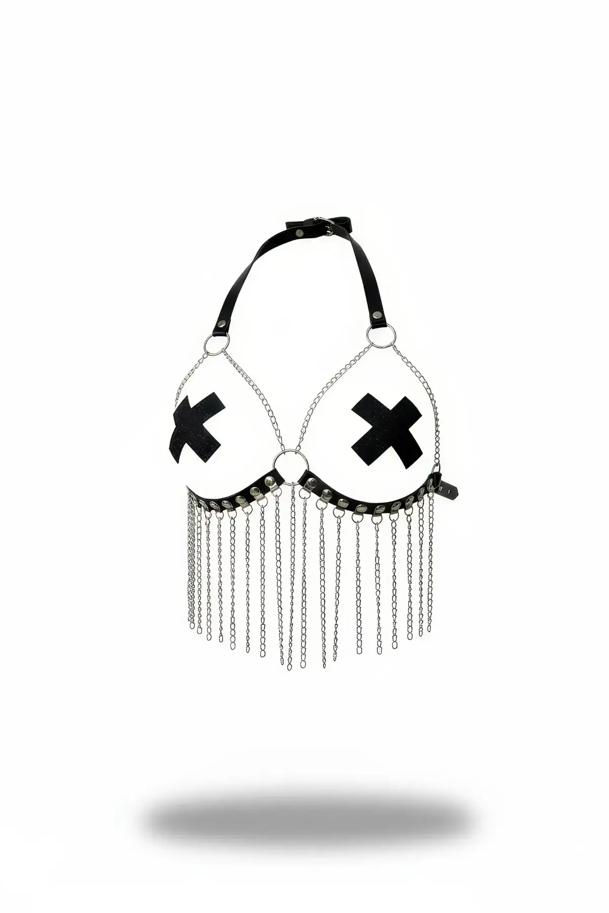 Black Chest Harness with Chain Detail and Cross Pattern - SH477